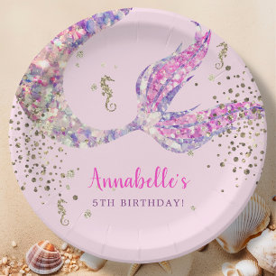 Plato De Papel Placas de papel de cumpleaños de sirena rosa
