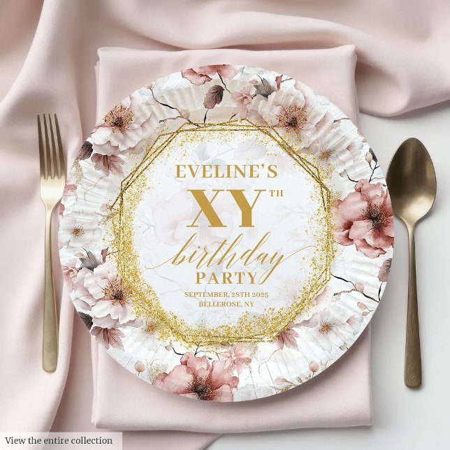 Plato De Papel Placas de papel de cumpleaños dorado rosado y agit (Lovely Dusty Pink Floral Birthday Paper Plates

)