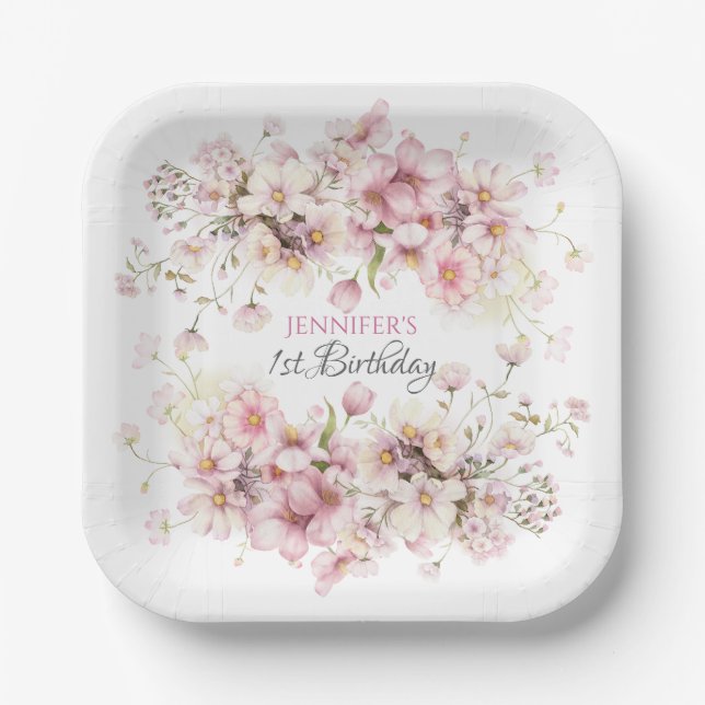 Plato De Papel Placas de papel de cumpleaños para heces rosadas (Anverso)