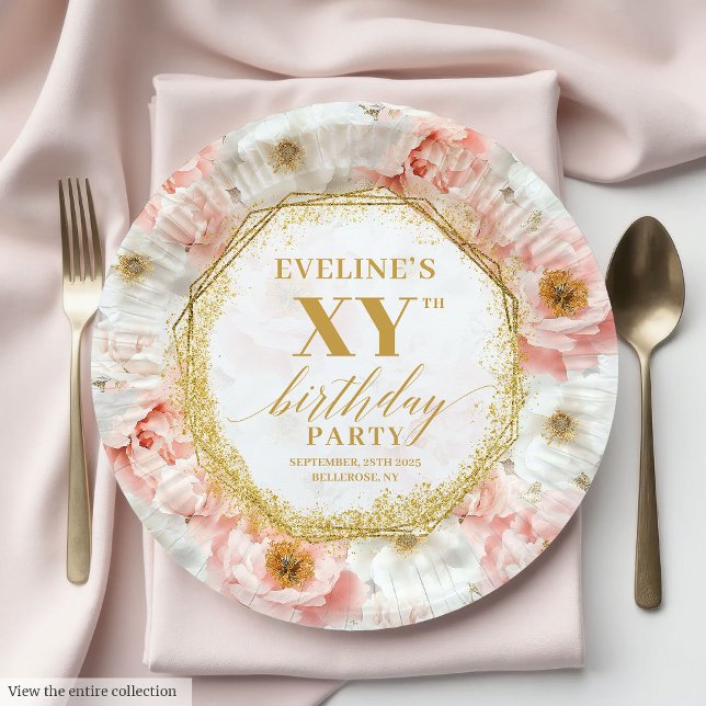 Plato De Papel Placas de papel de cumpleaños rosado inagotables y (Timeless Floral Dusty Pink Birthday Paper Plates

)