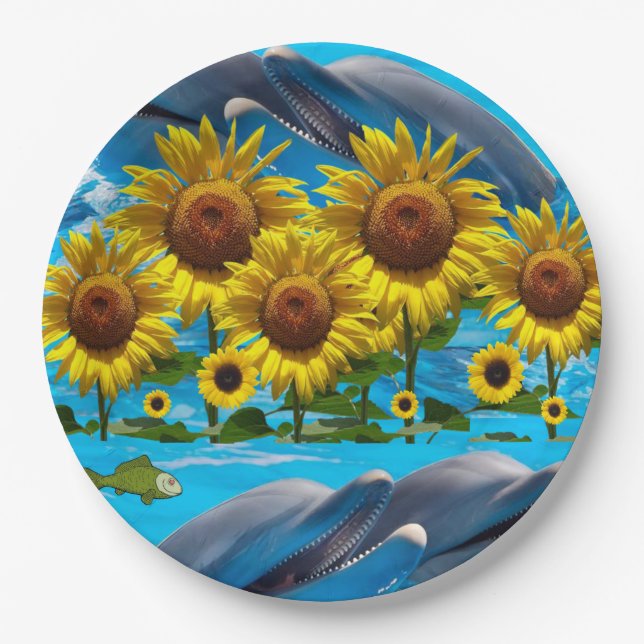 Plato De Papel Placas de papel de delfines de girasol (Anverso)
