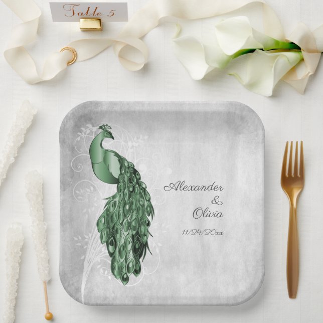 Plato De Papel Placas de papel de ducha de la boda verde del pavo (Boda)