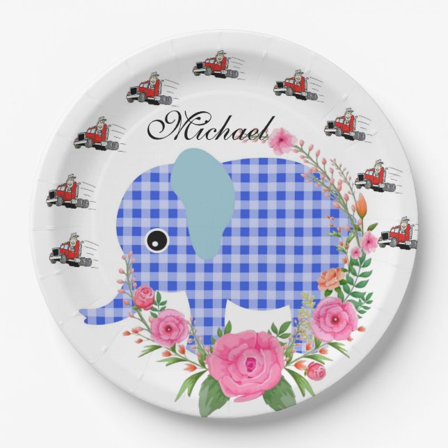 Plato De Papel Placas de papel de elefante azul floral de girasol (Anverso)