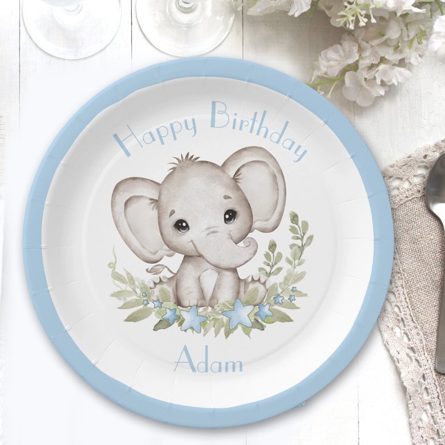 Plato De Papel Placas de papel de elefante lindo Fiesta de cumple (Cute Elephant Birthday Boy Party Paper Plates)