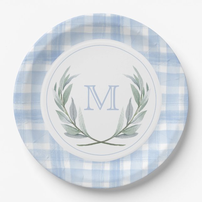 Plato De Papel Placas de papel de Escudo Blue Gingham Laurel (Anverso)