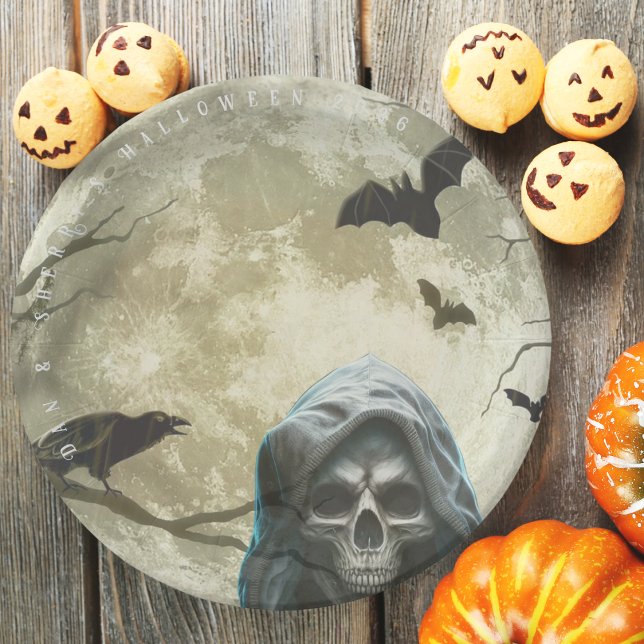 Plato De Papel Placas de papel de fiesta de Halloween Grim Reaper (Grim Reaper Halloween Party Paper Plates)