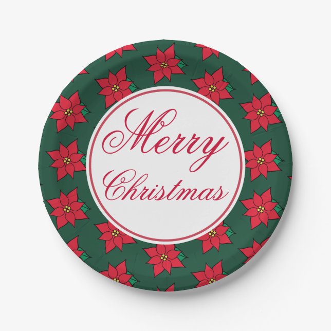 Plato De Papel Placas de papel de Fiesta navideño rojo Poinsettia (Anverso)