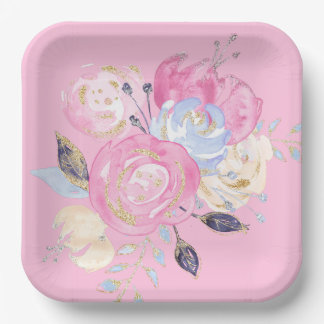 Plato De Papel Placas de papel de flor Purpurina de oro Pastel