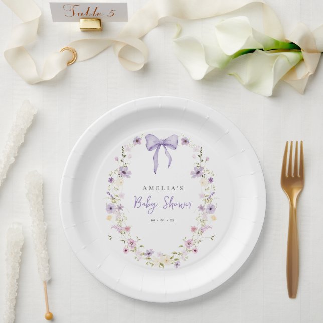 Plato De Papel Placas de papel de flor silvestre Baby Shower Bow  (Boda)