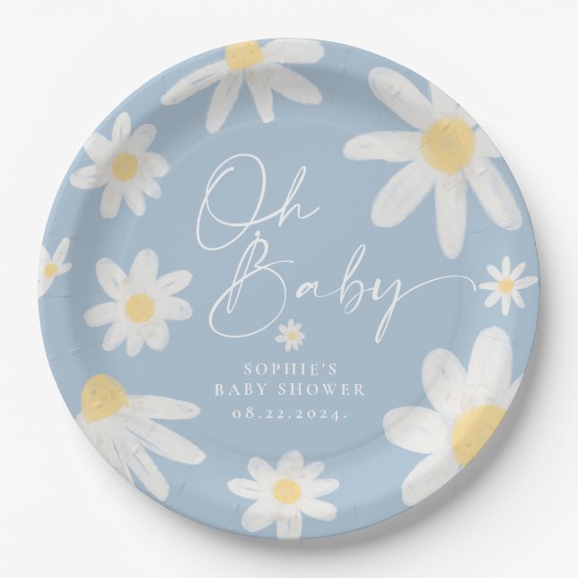 Plato De Papel Placas de papel de flores Dusty Blue Boho Daisy (Anverso)