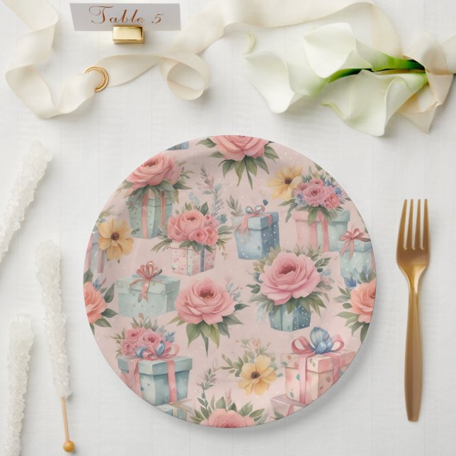 Plato De Papel placas de papel de flores rosa (Boda)