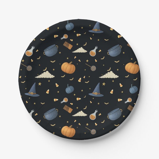 Plato De Papel Placas de papel de Halloween — Calabazas, calderos (Anverso)