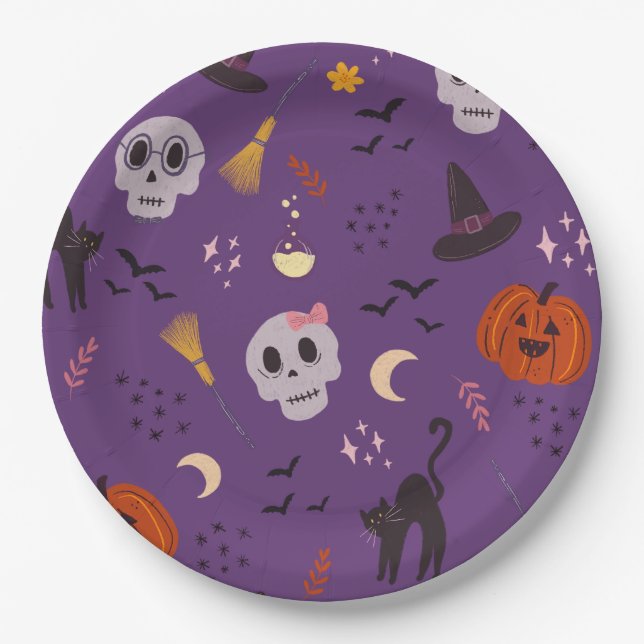 Plato De Papel Placas de papel de Halloween - Calaveras, calabaza (Anverso)
