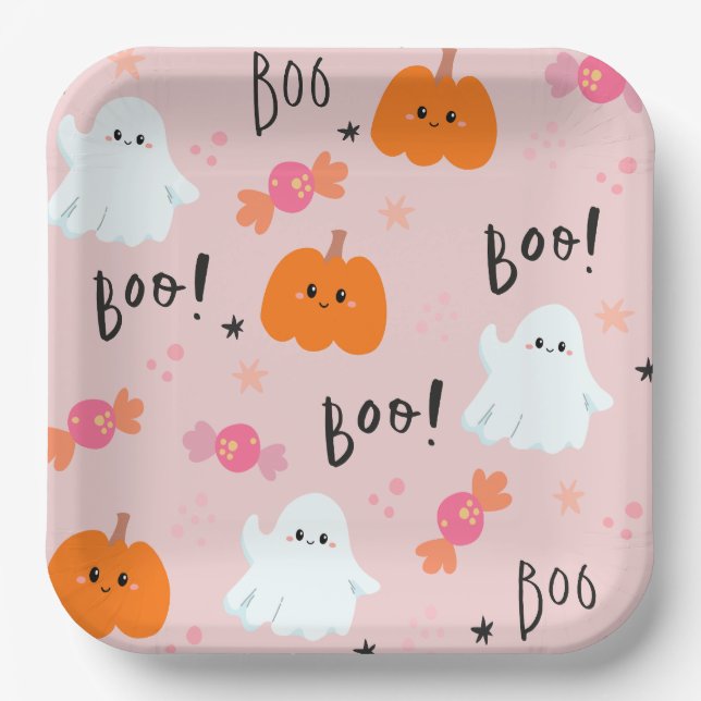 Plato De Papel Placas de papel de Halloween con ghost rosa y cala (Anverso)