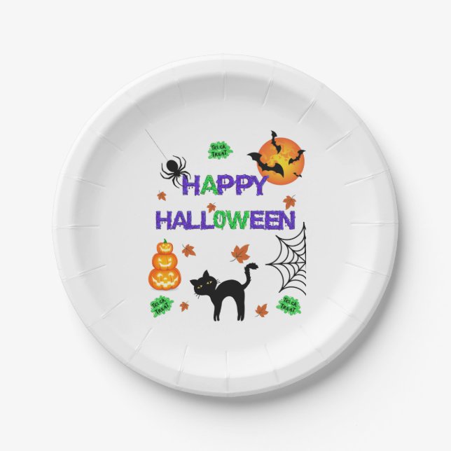 Plato De Papel Placas de papel de Halloween felices (Anverso)