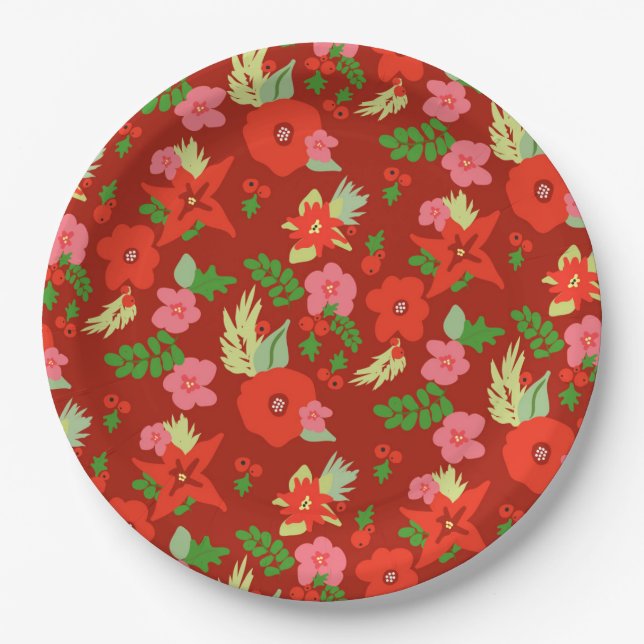 Plato De Papel Placas de papel de la flora roja del navidad (Anverso)