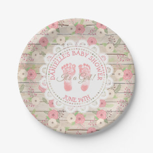 Plato De Papel Placas de papel de madera rústica y flores rosas