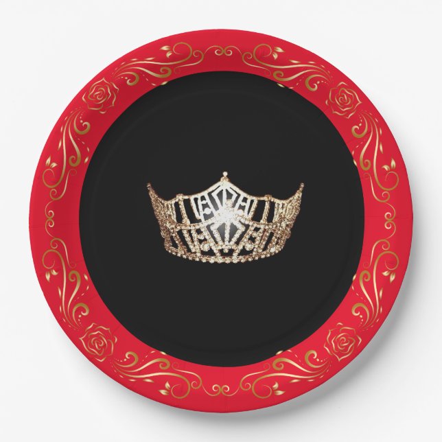 Plato De Papel Placas de papel de Miss América Red Gold Crown 9" (Anverso)