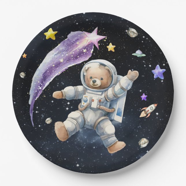 Plato De Papel Placas de papel de oso astronauta | Fiesta con tem (Anverso)