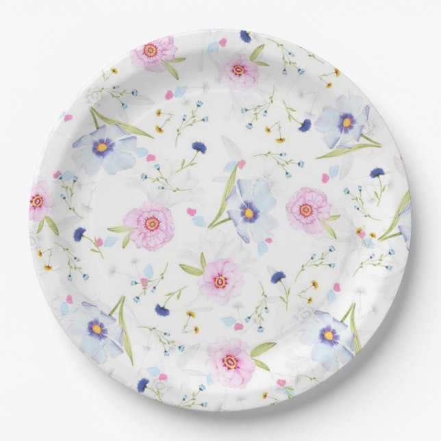 Plato De Papel Placas de papel de patrón floral rosa y azul bonit (Anverso)