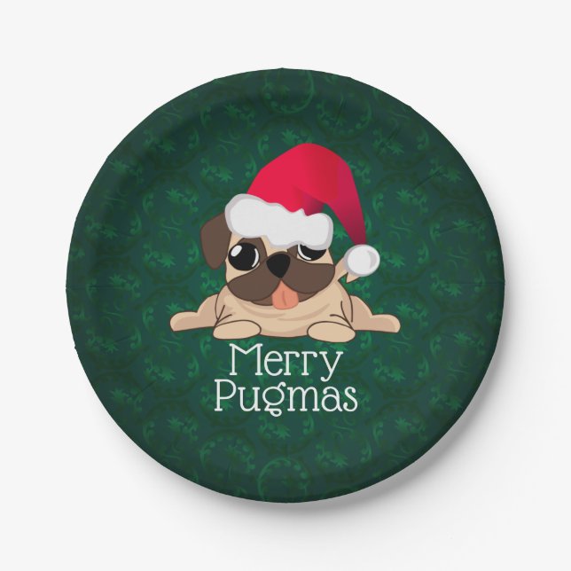 Plato De Papel Placas de papel de perro de pug de navidades de 7" (Anverso)