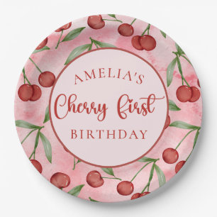Plato De Papel Placas de papel de primer cumpleaños de cereza roj