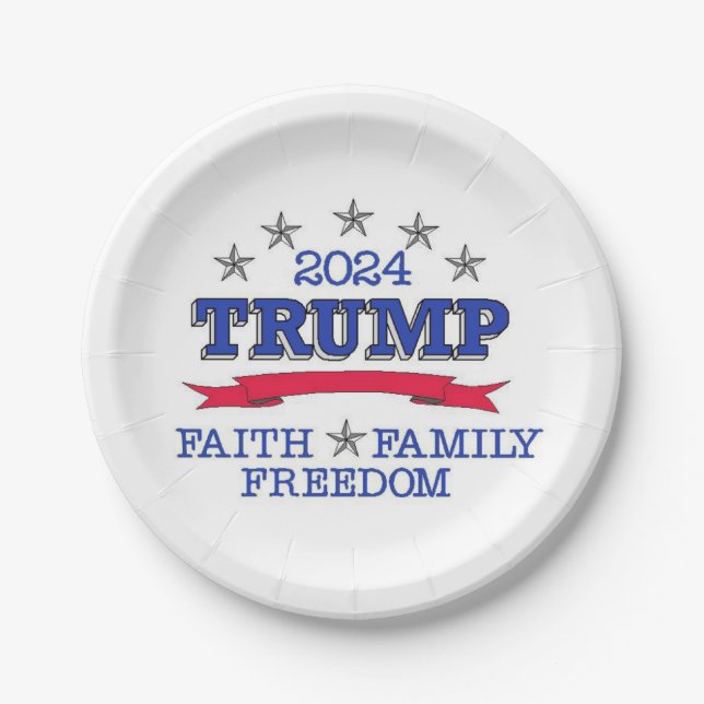 Plato De Papel Placas de papel de Trump 2024 Faith Family Freedom (Anverso)