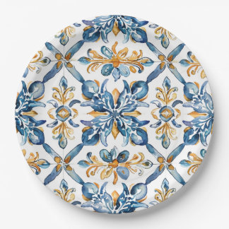Plato De Papel Placas de papel decorativas con azulejos azules me