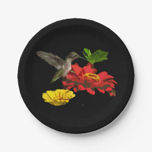 Plato De Papel Placas de papel del colibrí y de los Zinnias