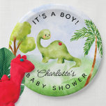 Plato De Papel Placas de papel Dino Delight Baby Shower<br><div class="desc">Presentamos nuestro adorable diseño de Dino con una cautivadora acuarela de ilustracion de dinosaurios y árboles. Este encantador diseño es perfecto para dar la bienvenida a tu pequeño al mundo. Los colores vivos y las brillantes obras de arte crean un ambiente encantador, lo que da un toque de alegría a...</div>