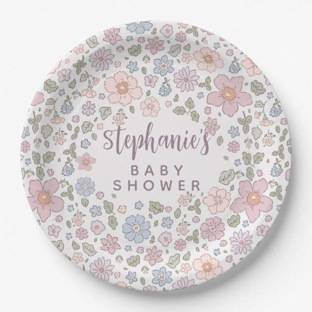 Plato De Papel Placas de papel Ditsy Floral Baby Shower (Anverso)