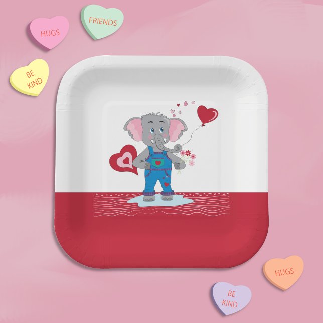 Plato De Papel Placas de papel elefante de Personalizado blanco y (Sweet red and white paper plates featuring a charming cartoon elephant . )