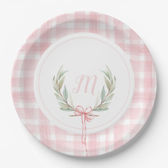 Plato De Papel Placas de papel Escudo Rosa Gingham Laurel (Anverso)