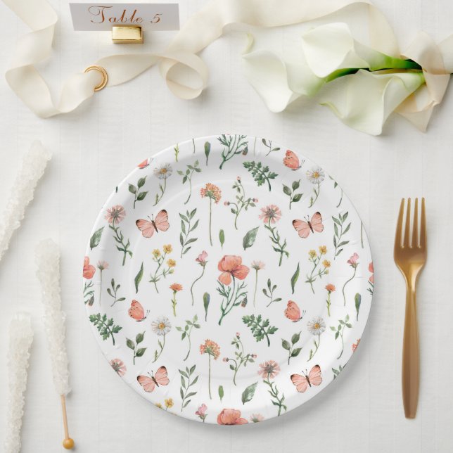 Plato De Papel Placas de papel estampado Beige Boho Wildflowers (Boda)