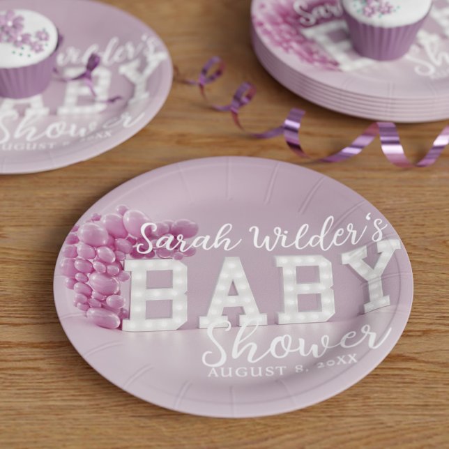 Plato De Papel Placas de papel Fiesta Baby Shower Chica rosa (Baby Shower Party Paper Plates with space for you name and date)