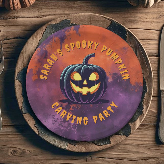 Plato De Papel Placas de papel Fiesta de calabaza espumosa de Hal (Spooky Pumpkin Carving Party Paper plate just for you. Add you party details)