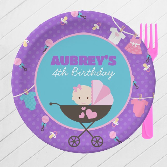 Plato De Papel Placas de papel Fiesta personalizadas Baby Doll Bi (Personalized Baby Doll Birthday  Party Paper Plates in Purple, Pink and Teal Blue. 2 Sizes Available)