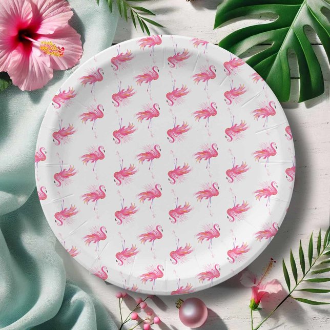 Plato De Papel Placas de papel Flamingo rosa para Fiesta (Paper plates for party designed with hand painted watercolor pink flamingo art Victoria Grigaliunas)