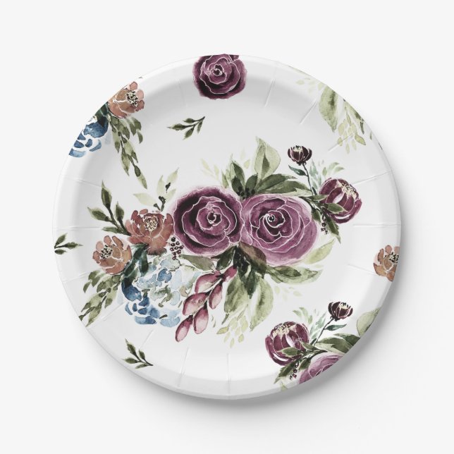 Plato De Papel Placas de papel floral de malva y oliva (Anverso)