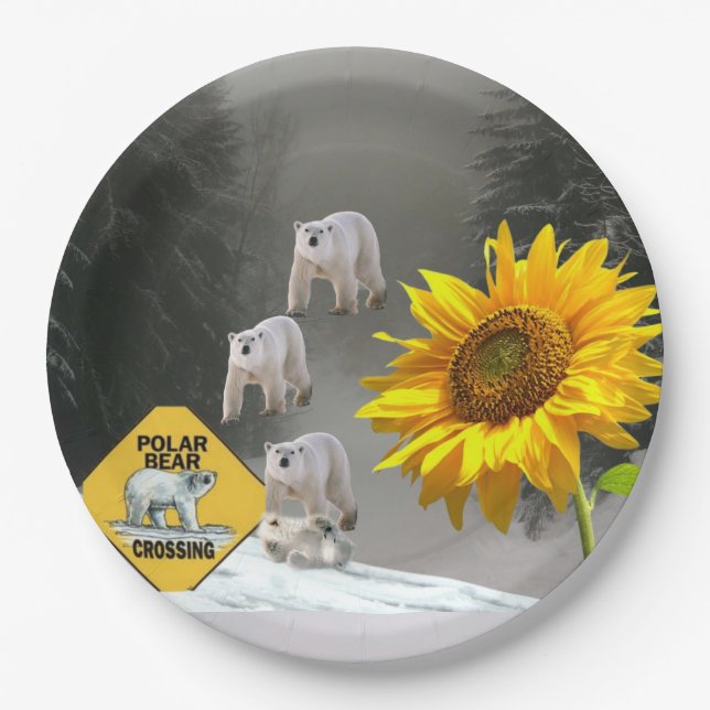 Plato De Papel Placas de papel floral de oso polar con girasol (Anverso)