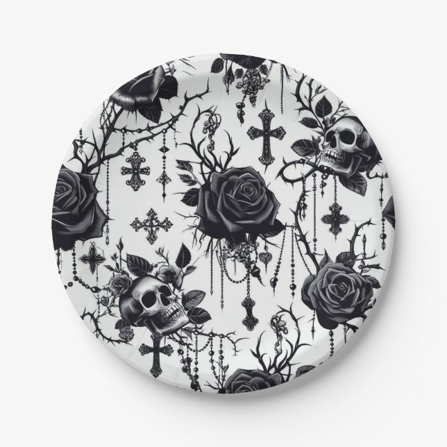 Plato De Papel Placas de papel floral gótica - Halloween, Boda (Anverso)