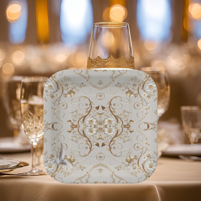 Plato De Papel Placas de papel floral mínimo de colibrí blanca (Subido por el creador)