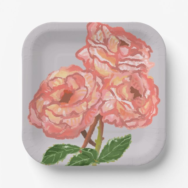 Plato De Papel Placas de papel floral rosa y coral (Anverso)