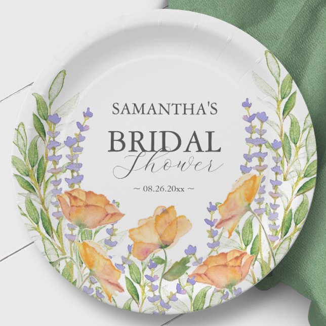 Plato De Papel Placas de papel Flores silvestres Ducha de novia (Wildflower bridal shower theme lilac, orange and sage green watercolor art by Victoria Grigaliunas)