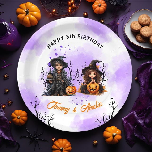 Plato De Papel Placas de papel gemelas de cumpleaños de Halloween (Halloween Birthday Twins Paper Plates)