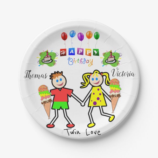 Plato De Papel Placas de papel, gemelos de cumpleaños felices (Anverso)