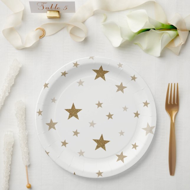 Plato De Papel Placas de papel Gold Stars (Boda)
