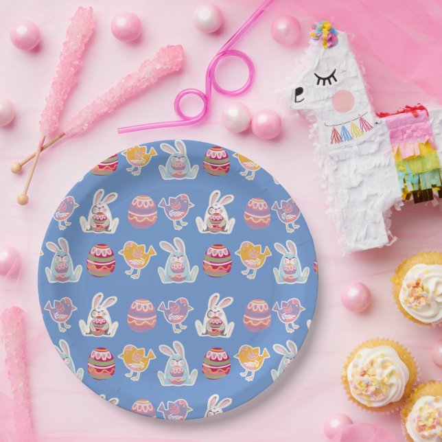 Plato De Papel Placas de papel gris azul del patrón de Pascua (Fiesta)