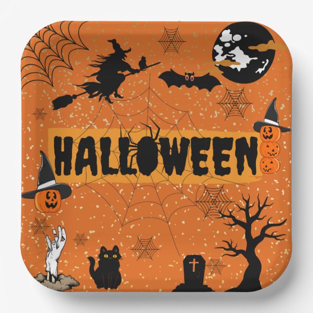 PLATO DE PAPEL PLACAS DE PAPEL HAPPY HALLOWEEN (NARANJA) (Anverso)
