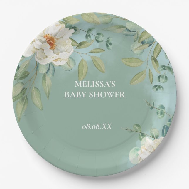 Plato De Papel Placas de papel Hielo Plateado Eucalipto Flor Blan (Anverso)